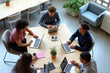 Diverse people using laptops in a collaborative workspace