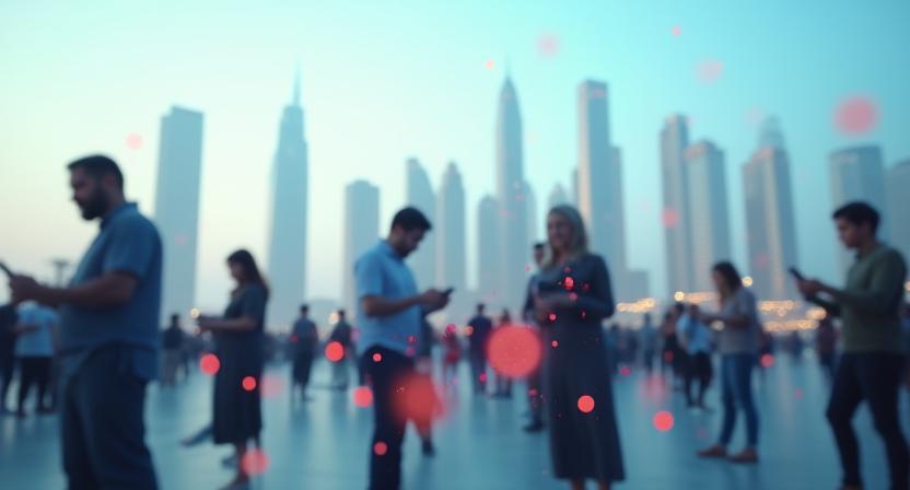 People using mobile devices with city skyline in the background