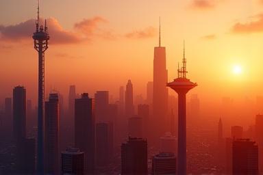 Telecom tower overlooking a cityscape